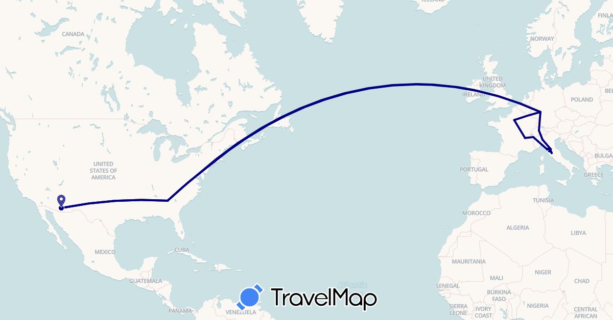 TravelMap itinerary: driving in Switzerland, Germany, France, Italy, United States (Europe, North America)